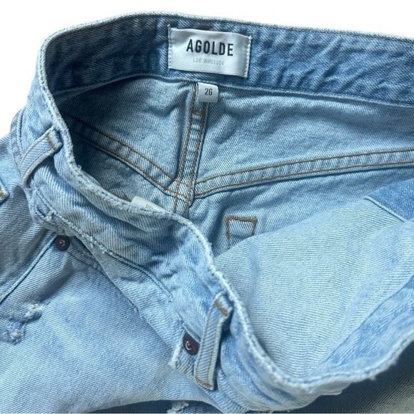 Agolde Criss Cross Denim Skirt Distressed Frayed Hem - Picture 3 of 8
